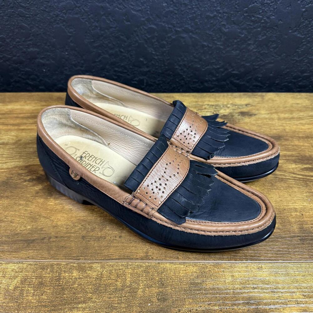 French Shriner CNO 42201 Navy Brown Leather Kiltie Loafers Mens Size 7.5 M